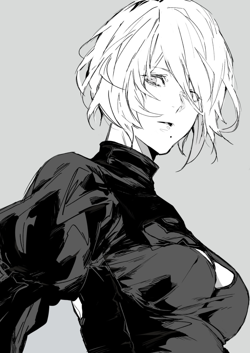 1girl absurdres back_cutout cleavage_cutout closed_mouth clothing_cutout greyscale highres mole mole_under_mouth monochrome nier_(series) nier_automata nishiii26miii puffy_sleeves short_hair solo turtleneck upper_body yorha_no._2_type_b