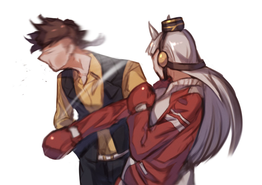 1boy 1girl animal_ears belt black_pants black_vest boxing_gloves brown_hair glglpanda gold_ship_(umamusume) grey_hair highres horse_ears jacket long_hair long_sleeves meme pants parody pillbox_hat punching red_jacket shirt simple_background solo speed_lines team_spica's_trainer track_jacket umamusume upper_body vest white_background will_smith_slapping_chris_rock_(meme) yellow_shirt