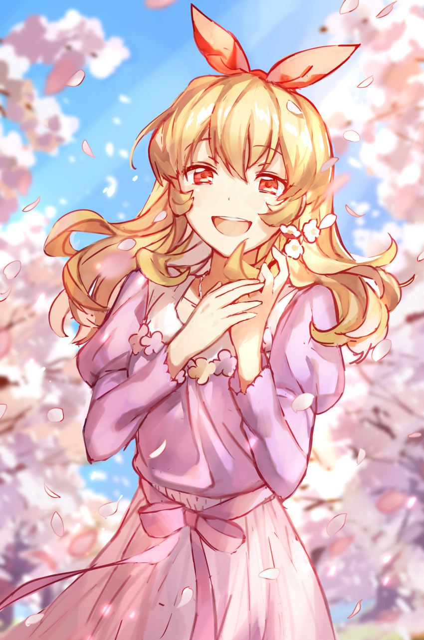 1girl :d absurdres aikatsu! aikatsu!_(series) blonde_hair blue_sky blurry blurry_background cherry_blossoms day eyebrows_visible_through_hair flower hair_ribbon highres hoshimiya_ichigo long_hair long_sleeves looking_at_viewer outdoors red_eyes ribbon sky smile solo wattaro