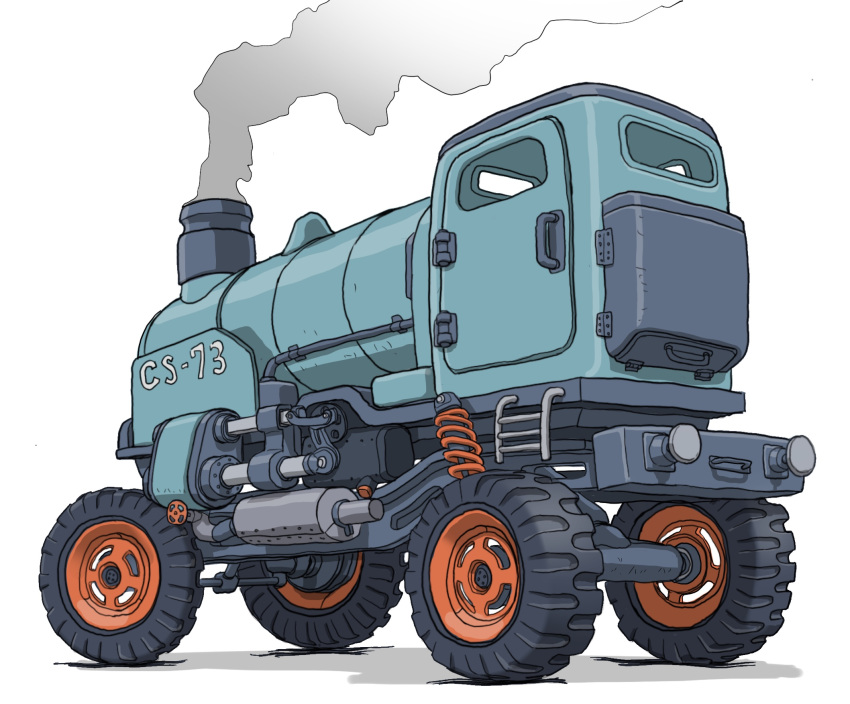 commentary_request from_behind from_side gatling_santouhei ground_vehicle highres ladder locomotive motor_vehicle no_humans original shadow simple_background smoke smokestack steam_locomotive suspension valve vehicle_focus wheel white_background