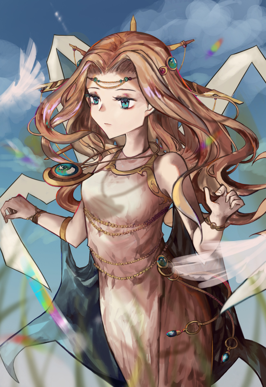 1girl absurdres bare_arms blonde_hair blue_eyes bracelet brown_dress character_request chinese_commentary closed_mouth commentary_request cowboy_shot dress hands_up head_chain highres jewelry long_hair maplestory muyu713 sleeveless sleeveless_dress solo