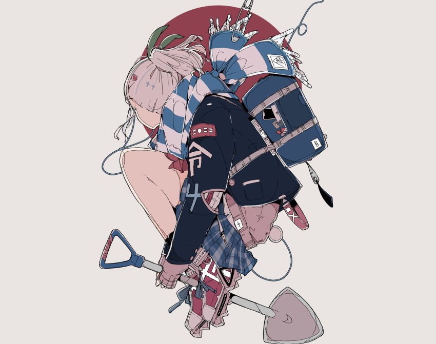 1girl backpack bag commentary_request daisukerichard earphones fetal_position hair_ribbon highres holding holding_shovel jacket long_sleeves looking_away miniskirt original phone pink_hair pocket ribbon safety_pin scarf shoes short_ponytail shovel skirt solo striped striped_scarf