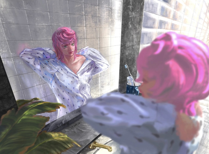 1girl arms_up blurry cosplay costume_switch cup depth_of_field hair_down implied_after_sex jojo_no_kimyou_na_bouken mirror morning mug naked_shirt plant potted_plant shirt solo toothbrush trish_(persona) vento_aureo vesta_zc