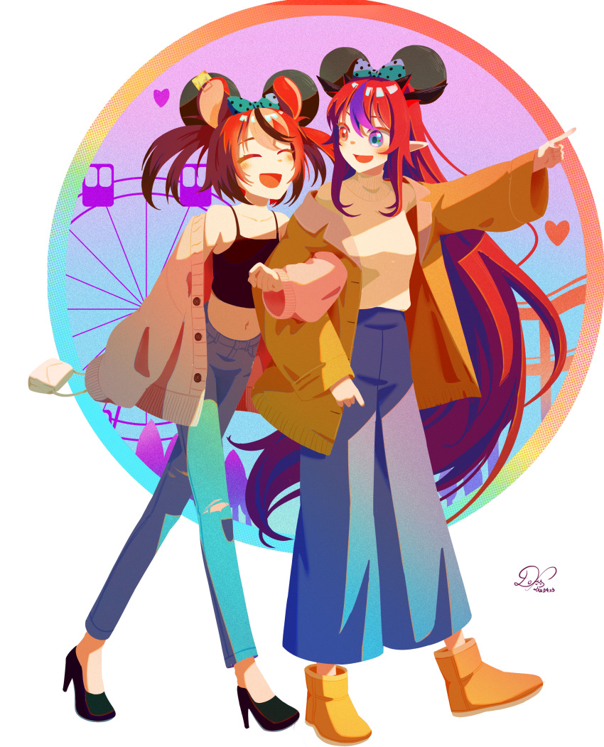 2girls :d ^_^ absurdres alternate_costume animal_ears bag bangs black_camisole black_footwear blue_eyes blue_pants boots bow camisole casual closed_eyes commentary earclip english_commentary fake_animal_ears full_body hair_between_eyes hair_bow hakos_baelz heart heterochromia high_heels highres hololive hololive_english horns icyboon irys_(hololive) jacket locked_arms long_hair long_sleeves looking_at_another midriff mouse_ears multicolored_hair multiple_girls multiple_horns navel open_clothes open_jacket open_mouth orange_footwear orange_jacket pants pink_jacket pointing pointy_ears polka_dot polka_dot_bow purple_hair red_eyes redhead shirt shoes short_hair signature simple_background smile spaghetti_strap streaked_hair turtleneck twintails two-tone_hair very_long_hair virtual_youtuber walking white_background white_shirt yuri