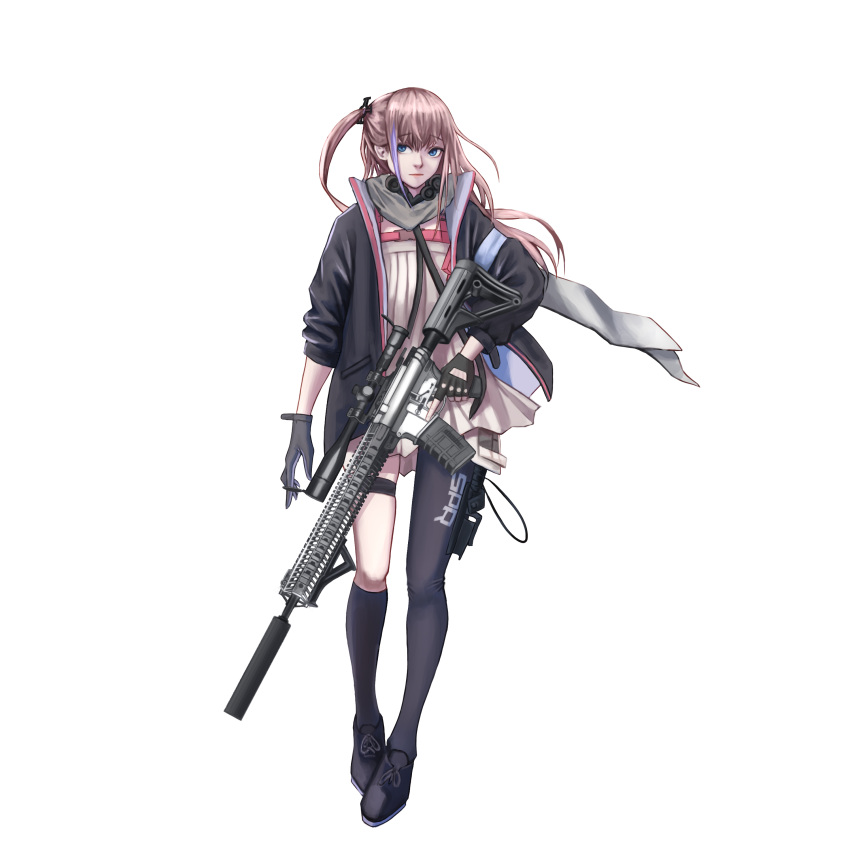 1girl absurdres ar-15 asymmetrical_legwear bangs black_footwear black_gloves black_jacket black_legwear blue_eyes closed_mouth crush_kim dress eyebrows_visible_through_hair fingerless_gloves full_body girls_frontline gloves grey_scarf gun highres holding holding_gun holding_weapon holstered_weapon jacket knife_holster lips long_hair looking_at_viewer open_clothes open_jacket pink_hair rifle scarf shoes side_ponytail sniper_rifle solo st_ar-15_(girls'_frontline) standing thigh-highs weapon white_background white_dress