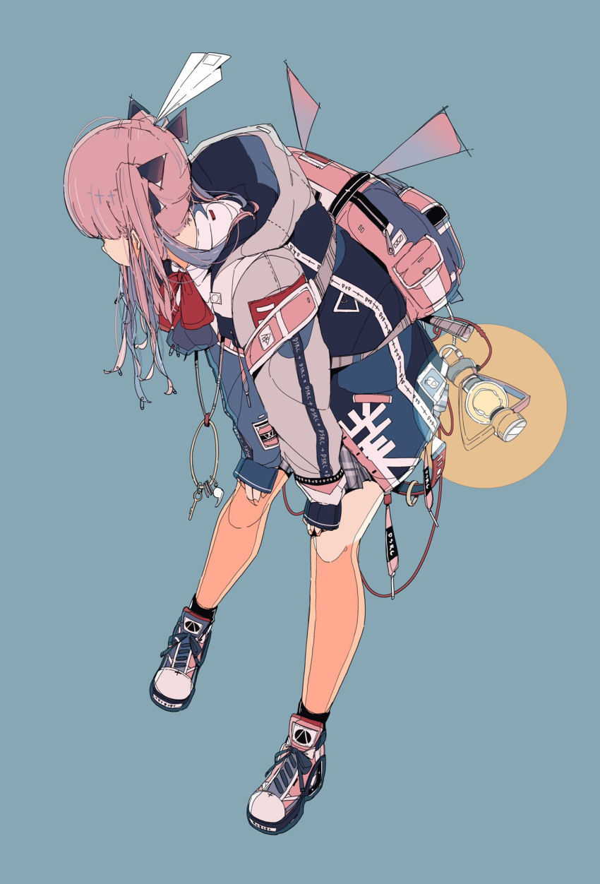 1girl backpack bag bangs blue_background blunt_bangs bow bowtie commentary_request daisukerichard full_body hair_ribbon hands_on_own_leg highres hood hoodie jacket jewelry key_necklace lamp lantern long_sleeves looking_away necklace original paper_airplane pink_hair ribbon safety_pin shirt shoes simple_background solo tomoe_(symbol) twintails white_shirt