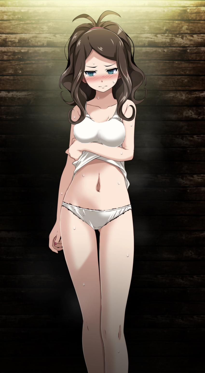 1girl absurdres against_wall bare_arms bare_legs blue_eyes blush breasts brown_hair closed_mouth clothes_lift collarbone embarrassed highres hilda_(pokemon) long_hair looking_away medium_breasts midriff nail_polish navel panties pokemon pokemon_(game) pokemon_bw ponytail red_nails shiny shiny_hair shirt shirt_lift sleeveless sleeveless_shirt solo standing stomach sweatdrop thigh_gap tsukishiro_saika underwear white_panties white_shirt wooden_wall