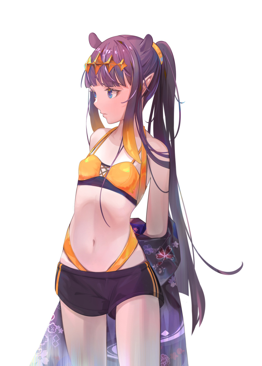 1girl bikini black_hair black_shorts blue_eyes breasts closed_mouth cowboy_shot floral_print gradient_hair hair_flaps hair_ornament headband highres hime_cut hololive hololive_english jacket jacket_partially_removed looking_to_the_side meiyan_(boyimachao) multicolored_hair navel ninomae_ina'nis orange_bikini orange_hair pointy_ears ponytail short_shorts shorts small_breasts solo star_(symbol) star_hair_ornament swimsuit white_background