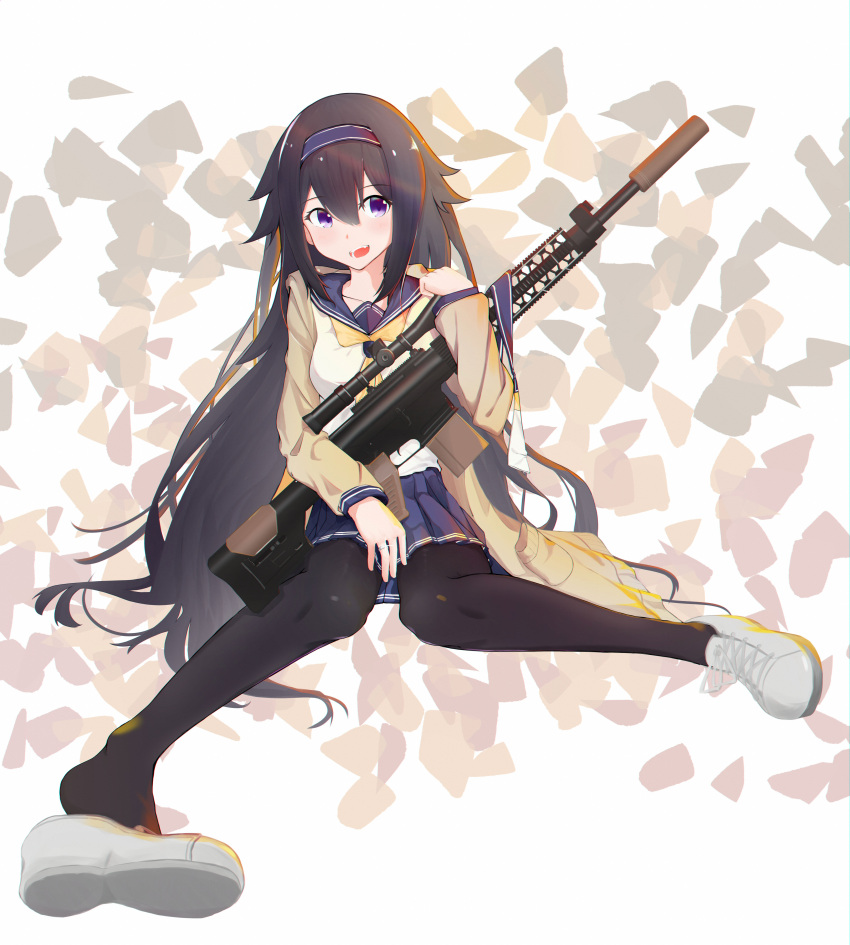 1girl absurdres bangs black_hair black_legwear blue_skirt breasts chinese_commentary commentary_request full_body girls_frontline gun hairband highres holding holding_gun holding_weapon hood hood_down hooded_jacket jacket long_hair looking_at_viewer medium_breasts neckerchief open_clothes open_jacket open_mouth rifle sailor_collar shirt shoes sitting skirt smile sniper_rifle super_sass_(girls'_frontline) violet_eyes weapon white_footwear white_shirt xintianou yellow_jacket yellow_neckerchief