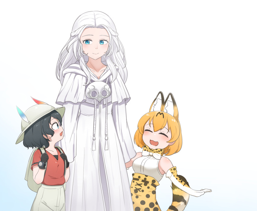 3girls animal_ears animal_print arms_at_sides backpack bag bare_shoulders black_gloves black_hair blue_eyes bow bowtie chis_(js60216) closed_eyes closed_mouth commentary_request crossover dress elbow_gloves extra_ears eyebrows_visible_through_hair facing_another final_fantasy final_fantasy_xiv gloves hair_between_eyes hands_up hat_feather height_difference helmet high-waist_skirt highres kaban_(kemono_friends) kemono_friends long_hair long_sleeves looking_at_another looking_up medium_hair multiple_girls open_mouth orange_hair outstretched_arms pith_helmet print_bow print_bowtie print_gloves print_skirt red_shirt serval_(kemono_friends) serval_print shirt short_sleeves shorts side-by-side skirt sleeveless sleeveless_shirt smile standing tail venat_(ff14) white_hair