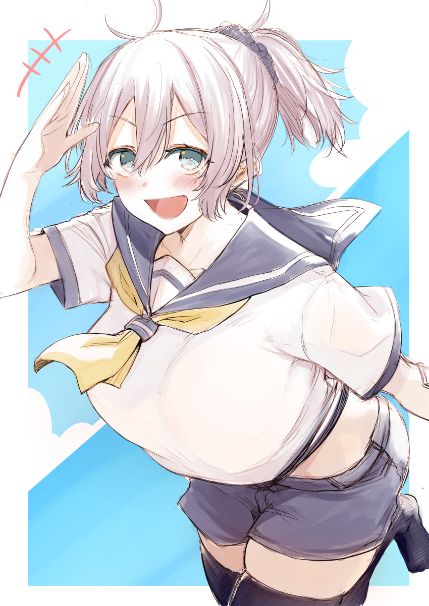 1girl absurdres aoba_(kancolle) aqua_eyes bangs black_legwear blue_sailor_collar blue_shorts blush breasts clouds commentary_request hair_ornament hair_scrunchie highres kantai_collection large_breasts looking_at_viewer miyoshi_(triple_luck) neckerchief open_mouth purple_hair sailor_collar salute school_uniform scrunchie serafuku short_shorts short_sleeves shorts sky solo thigh-highs water yellow_neckerchief