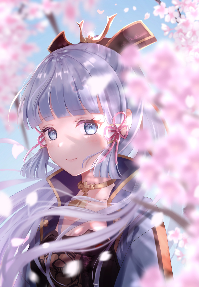 1girl absurdres armor blue_eyes blue_hair blue_jacket blue_sky blurry blurry_foreground branch breastplate closed_mouth collarbone day depth_of_field flower genshin_impact highres jacket kamisato_ayaka long_hair nasii open_clothes open_jacket outdoors petals pink_flower revision sky smile solo upper_body