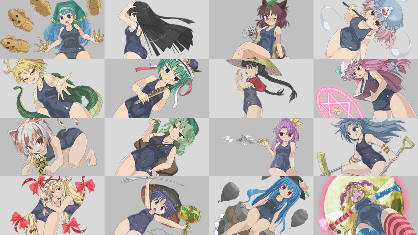 6+girls ajirogasa american_flag_gloves american_flag_legwear animal_ears antlers arm_ribbon arm_strap ass backpack bag bangs barefoot black_hair black_headwear blonde_hair blowing_smoke blue_eyes blue_hair blue_headwear blue_swimsuit blunt_bangs blush book bow bowl bowl_hat braid breasts brown_hair brown_headwear calico capelet cat_ears cat_girl cat_tail chestnut_mouth chisel closed_fan closed_mouth clothes_writing clownpiece coin collarbone commentary_request competition_swimsuit covered_navel crescent crescent_hat_ornament crossed_legs dragon_girl dragon_horns dragon_tail embarrassed flat_cap folding_fan food frilled_capelet frilled_hat frills fruit full_moon futatsuiwa_mamizou gap_(touhou) ghost glowing glowing_eyes gold goutokuji_mike green_eyes green_hair green_headwear green_hood grey_background grin hand_fan hand_on_own_head haniwa_(statue) haniyasushin_keiki hat hat_ornament head_scarf hime_cut himemushi_momoyo hinanawi_tenshi holding holding_book holding_fan holding_pickaxe holding_pipe holding_shovel holding_torch horns houraisan_kaguya interlocked_fingers jester_cap jitome jizou keystone kicchou_yachie kiseru koban_(gold) komakusa_sannyo leaf leaf_on_head leg_ribbon leg_strap long_earlobes long_hair looking_away looking_to_the_side magic_circle maneki-neko medium_breasts medium_hair messy_hair minigirl miracle_mallet mob_cap moon multicolored_hair multiple_girls needle_sword old_school_swimsuit one-piece_swimsuit one_eye_closed open_mouth orange_bow orange_eyes orange_ribbon own_hands_clasped own_hands_together patchouli_knowledge peach peach_hat_ornament pickaxe pink_eyes pipe ponytail purple_hair raccoon_ears raccoon_tail red_capelet red_eyes ribbon rod_of_remorse round_eyewear saigyouji_yuyuko school_swimsuit shiki_eiki short_hair shovel simple_background sitting small_breasts smile smoke streaked_hair sukuna_shinmyoumaru sun_hat swimsuit tail tobacco tools torch touhou triangular_headpiece turtle_shell twin_braids very_long_hair violet_eyes winn wood_carving_tool yakumo_yukari yamashiro_takane yatadera_narumi yellow_ribbon