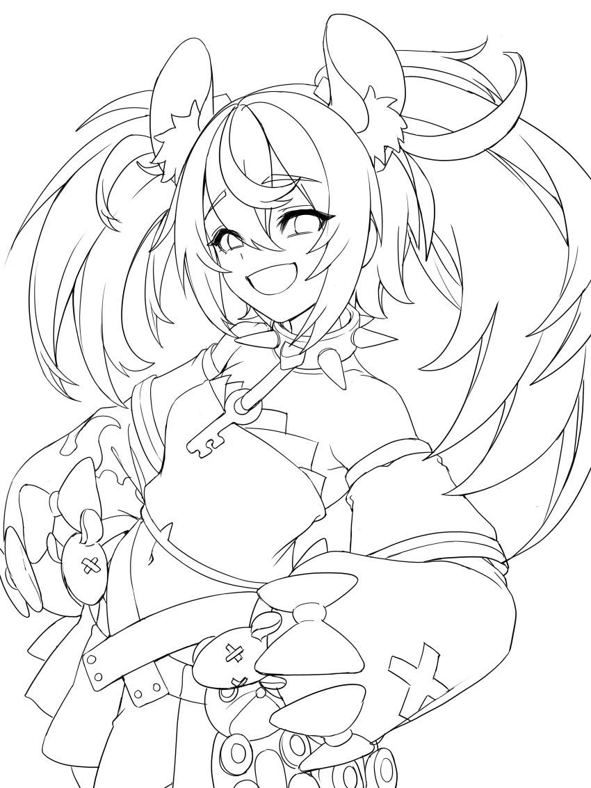 1girl absurdres animal_ear_fluff animal_ears bare_shoulders bow collar collarboner detached_sleeves eyebrows_visible_through_hair greyscale hair_between_eyes hakos_baelz hands_on_hips highres hololive hololive_english key lineart long_hair monochrome mouse_ears navel ningen1116 open_mouth simple_background skirt solo spiked_collar spikes stuffed_animal stuffed_toy teddy_bear twintails white_background x