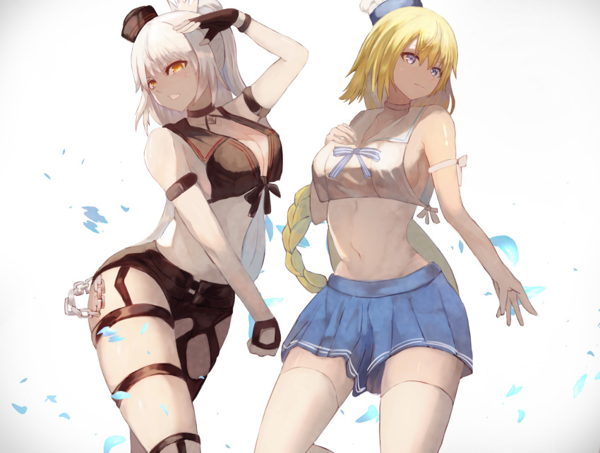 2girls arm_strap bangs black_choker black_gloves black_headwear black_shirt black_shorts blue_eyes blue_skirt breasts chain choker clenched_teeth commentary_request crop_top dual_persona fate/grand_order fate_(series) fingerless_gloves front-tie_top gloves grey_background hand_on_own_chest hat highres jeanne_d'arc_(fate) jeanne_d'arc_alter_(fate) king_ekaki large_breasts long_braid long_hair looking_at_viewer midriff mini_hat miniskirt multiple_girls navel pleated_skirt shirt short_shorts shorts silver_hair skirt sleeveless sleeveless_shirt stomach teeth thigh-highs thigh_strap thighs very_long_hair white_legwear white_shirt yellow_eyes zettai_ryouiki