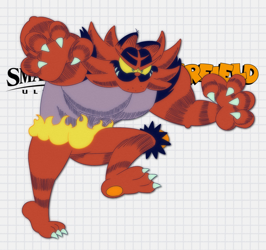 claws closed_mouth commentary copyright doc_shoddy english_commentary fangs fangs_out fire garfield green_eyes highres incineroar jim_davis_(style) looking_to_the_side multicolored_eyes no_humans pectorals pokemon pokemon_(creature) smile solo standing standing_on_one_leg super_smash_bros. v-shaped_eyebrows white_background yellow_eyes