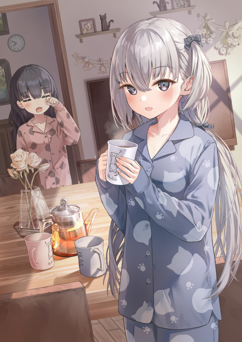 2girls :d absurdres animal_print bangs black_hair blush cat_print chair clock collarbone commentary_request cup eyebrows_visible_through_hair fang flower grey_eyes grey_hair hair_between_eyes hair_rollers hand_up highres holding holding_cup indoors long_hair looking_at_viewer morning mug multiple_girls namikishiho open_mouth original pajamas paw_print paw_print_pattern print_pajamas revision rose rubbing_eyes shelf skin_fang sleeves_past_wrists smile standing table teapot television vase very_long_hair wall_clock white_flower white_rose wooden_floor yawning