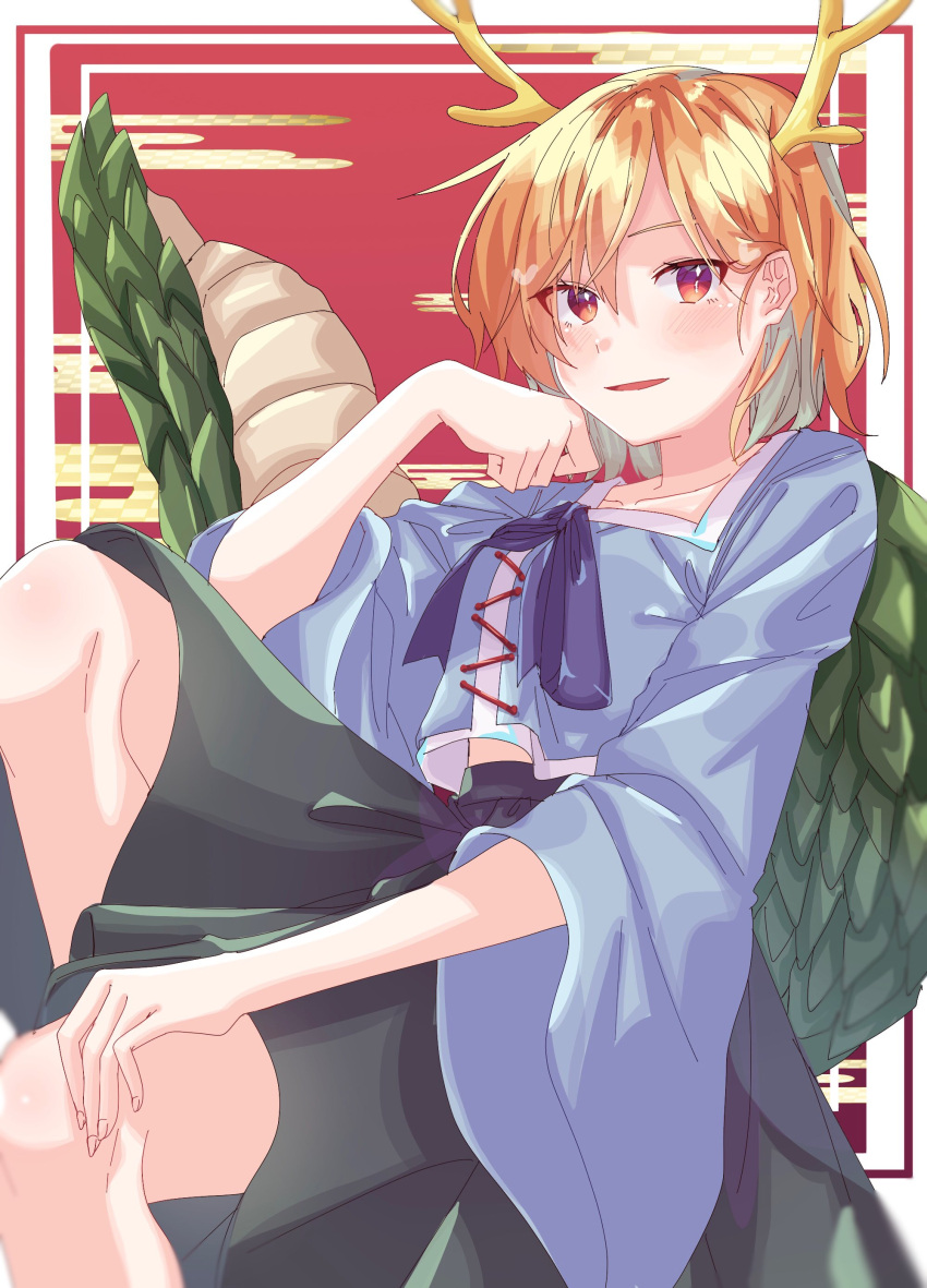 1girl absurdres antlers blonde_hair blue_bow blue_shirt blue_skirt bow commentary_request dragon_girl dragon_horns dragon_tail hayashida_chiyo highres horns kicchou_yachie long_sleeves midriff_peek one-hour_drawing_challenge parted_lips red_eyes shirt short_hair skirt tail touhou turtle_shell wide_sleeves