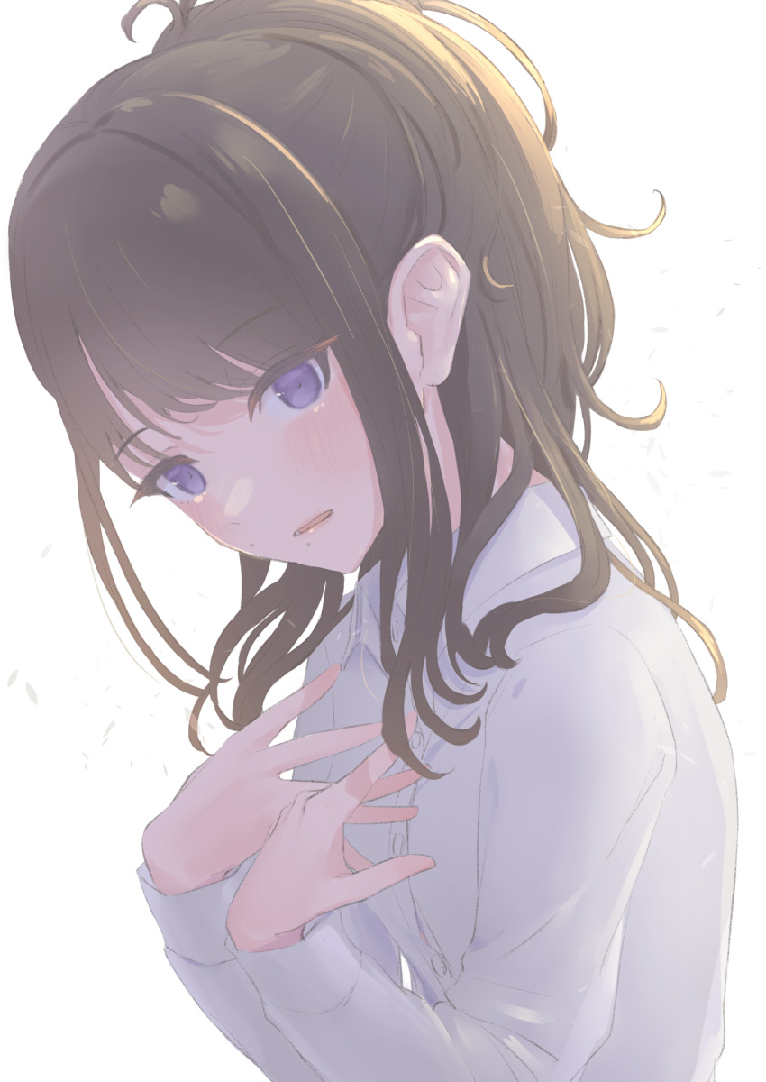 1girl :o absurdres black_hair blush highres idolmaster idolmaster_shiny_colors kazano_hiori looking_at_viewer ponytail shirt simple_background solo umirororo upper_body violet_eyes wavy_hair white_background white_shirt