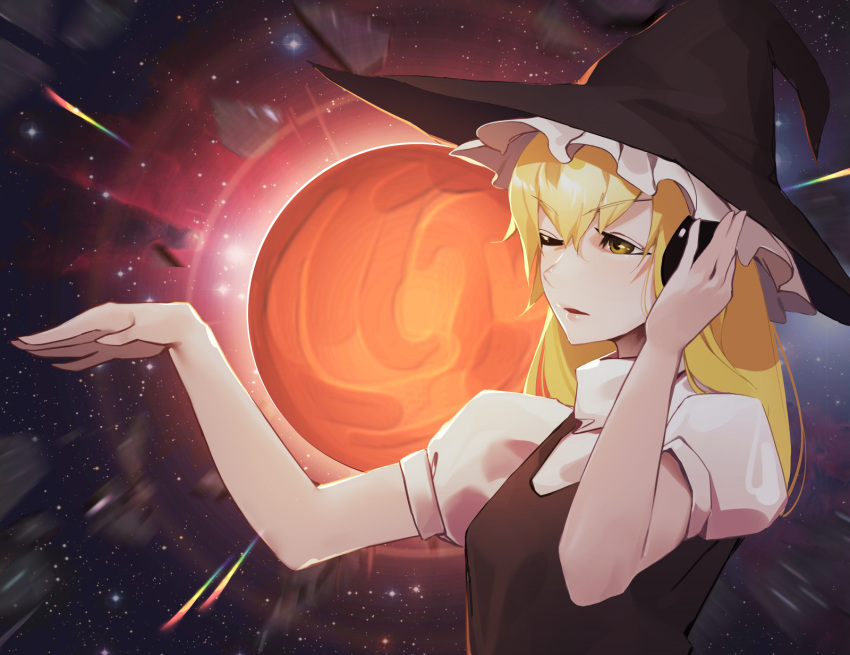 1girl bangs bejili black_headwear black_vest blonde_hair breasts commentary_request cookie_(touhou) eyebrows_visible_through_hair frilled_hat frills hair_between_eyes hat headphones highres kirisame_marisa long_hair looking_afar one_eye_closed open_mouth puffy_short_sleeves puffy_sleeves shirt short_sleeves sky small_breasts solo star_(sky) starry_sky touhou turtleneck upper_body uzuki_(cookie) vest white_shirt witch_hat yellow_eyes
