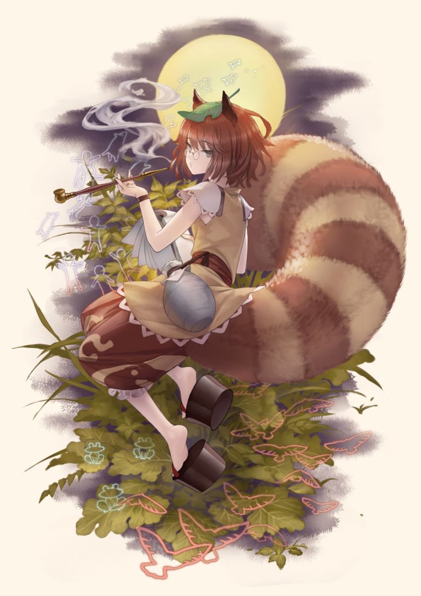 1girl animal_ears blowing_smoke brown_eyes brown_hair brown_skirt eyebrows_visible_through_hair from_side full_body full_moon futatsuiwa_mamizou glasses gourd grey_background highres holding holding_notebook holding_pipe leaf leaf_on_head looking_at_viewer looking_to_the_side masakichi_(mmw) moon notebook official_art pipe raccoon_ears raccoon_tail shirt short_hair short_sleeves simple_background skirt smoke smoking solo strange_creators_of_outer_world tail third-party_source touhou yellow_shirt
