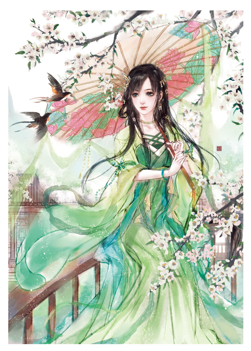 1girl absurdres baiguio_(zhu_xian) bi_yao_zhuye bird brown_hair dress green_dress hair_ornament highres long_hair railing smile tree umbrella weibo_id zhu_xian