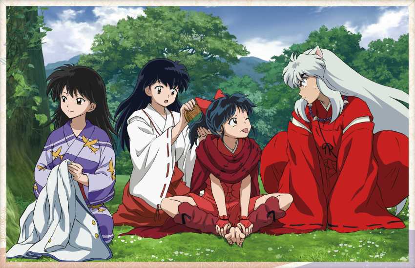 1boy 3girls :o ;p animal_ears black_hair border bow closed_mouth dog_ears eye_contact father_and_daughter hair_bow hair_brushing hakama han'you_no_yashahime highres higurashi_kagome indian_style inuyasha inuyasha_(character) japanese_clothes kimono long_hair long_sleeves looking_at_another miko moroha mother_and_daughter multiple_girls one_eye_closed open_mouth ponytail red_bow red_hakama red_kimono ribbon-trimmed_sleeves ribbon_trim rin_(inuyasha) shiny shiny_hair silver_hair sitting straight_hair sweatdrop tongue tongue_out very_long_hair white_border white_kimono wide_sleeves