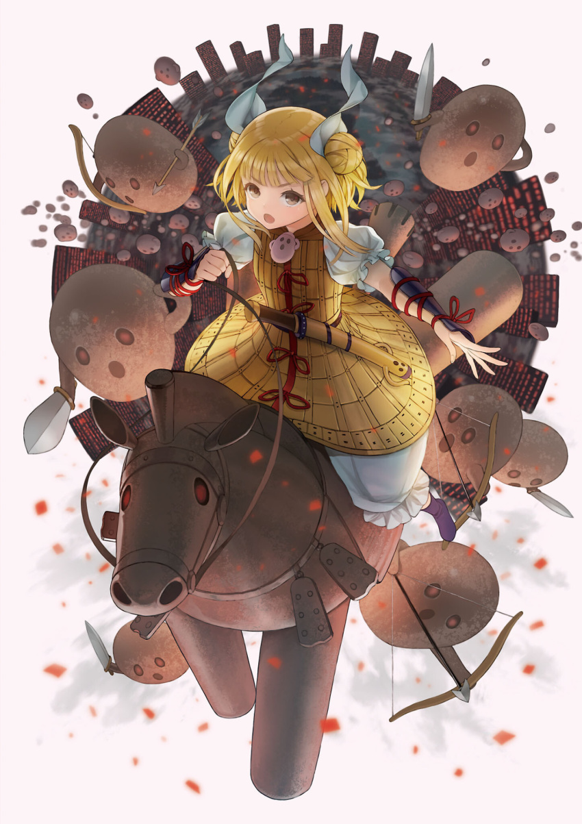1girl :o armor arrow_(projectile) blonde_hair bloomers bow_(weapon) building double_bun dress full_body grey_background highres horse joutouguu_mayumi looking_at_viewer masakichi_(mmw) official_art open_mouth puffy_short_sleeves puffy_sleeves riding short_hair short_sleeves simple_background skyscraper solo strange_creators_of_outer_world third-party_source touhou underwear v-shaped_eyebrows weapon white_bloomers yellow_dress yellow_eyes