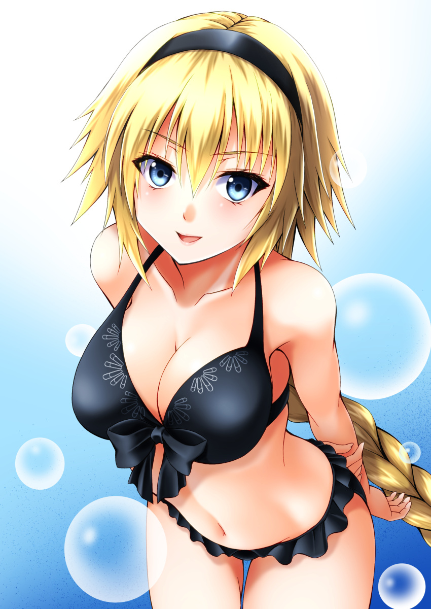 1girl :d absurdres arms_behind_back bangs bare_arms bare_shoulders bikini black_bikini black_hairband blonde_hair blue_background blue_eyes collarbone commentary_request cowboy_shot eyebrows_visible_through_hair fate/grand_order fate_(series) front-tie_bikini front-tie_top gradient gradient_background hair_between_eyes hairband highres jeanne_d'arc_(fate) leaning_forward lens_flare long_hair looking_at_viewer navel official_alternate_costume open_mouth smile solo standing stomach sumeragi_tomo swimsuit very_long_hair