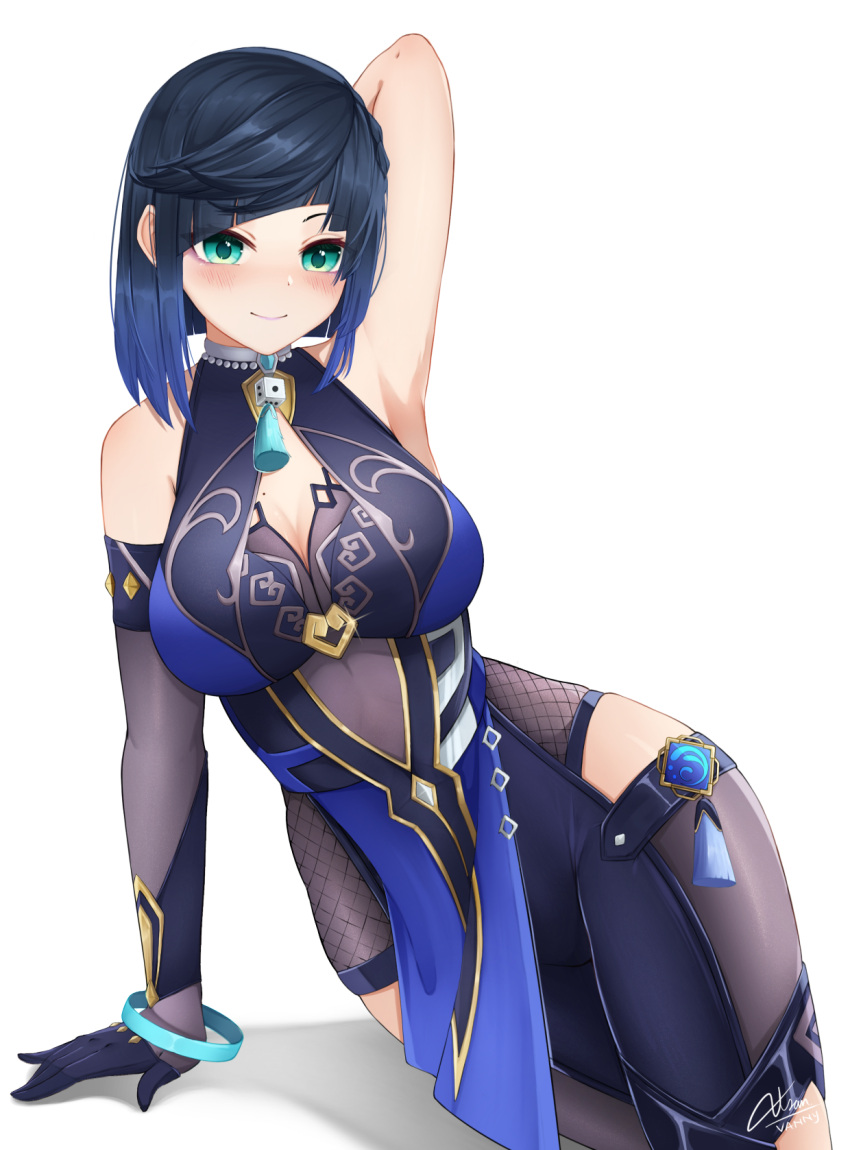 1girl arm_behind_back arm_support artist_name asymmetrical_gloves bangle bangs black_hair blue_hair bob_cut bracelet breasts closed_mouth cowboy_shot diagonal_bangs dice elbow_gloves english_commentary genshin_impact glint gloves gold_trim gradient_hair green_eyes green_pupils highres jewelry light_smile looking_at_viewer lying medium_breasts medium_hair mismatched_gloves mole mole_on_breast multicolored_hair neck_ring neck_tassel on_side signature simple_background single_elbow_glove sleeveless solo tassel tassel_choker vision_(genshin_impact) waist_cutout white_background xsan_vanny yelan_(genshin_impact)