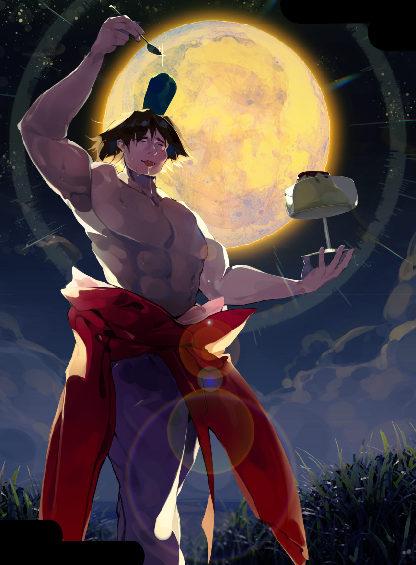 1boy absurdres bangs bejili black_hair closed_eyes clouds commentary_request feet_out_of_frame food full_moon grass highres holding holding_spoon lens_flare male_focus manatsu_no_yo_no_inmu moon muscular muscular_male nikutai_ha_ojarumaru pants pudding purple_pants saliva short_hair solo spoon tongue tongue_out