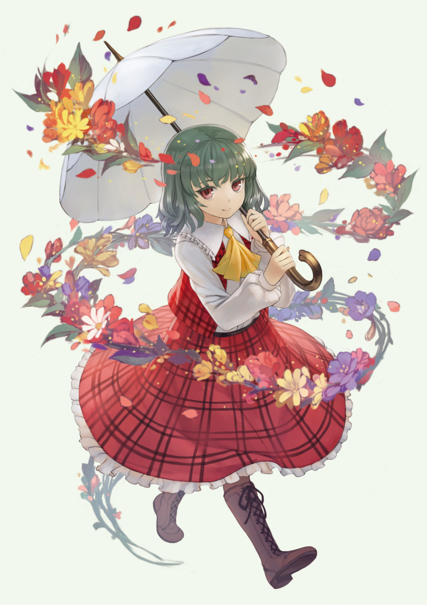 1girl ascot black_footwear boots closed_mouth collared_shirt cross-laced_footwear eyebrows_behind_hair flower frilled_shirt_collar frilled_skirt frills full_body green_hair grey_background highres holding holding_umbrella kazami_yuuka leaf long_sleeves looking_at_viewer masakichi_(mmw) medium_hair official_art petals plaid plaid_skirt plaid_vest purple_flower red_eyes red_flower red_skirt red_vest shirt simple_background skirt skirt_set smile solo strange_creators_of_outer_world third-party_source touhou umbrella vest white_shirt yellow_ascot yellow_flower