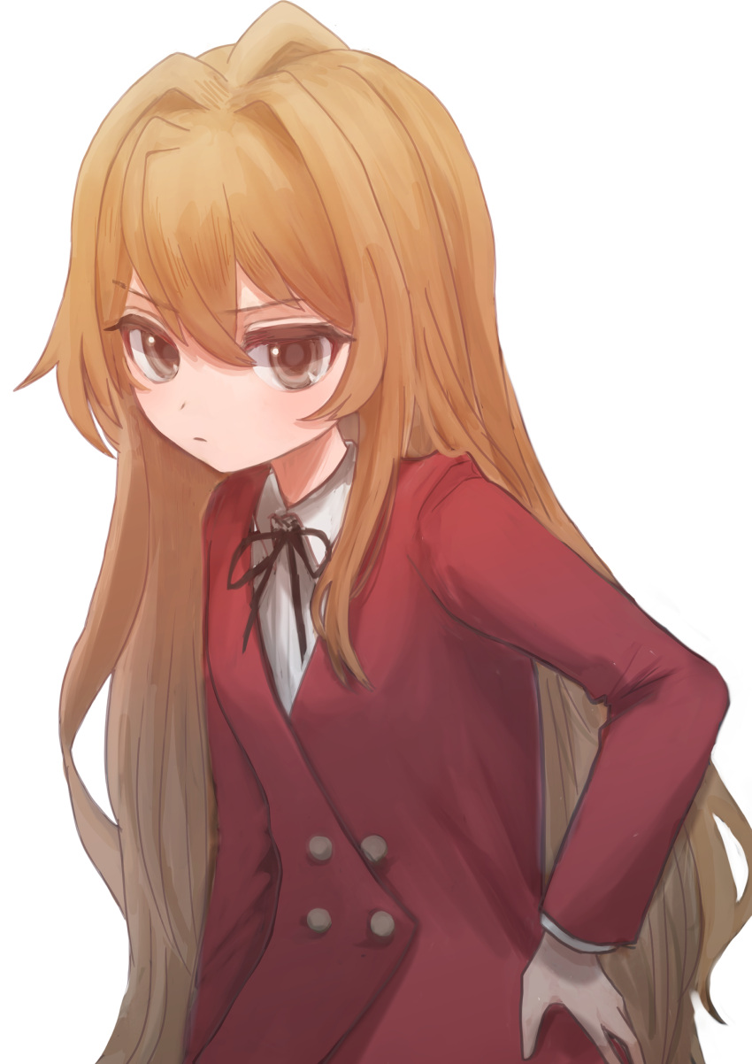 1girl absurdres aisaka_taiga ange_tokei bangs black_ribbon blazer brown_eyes brown_hair buttons closed_mouth collared_shirt commentary_request double-breasted eyebrows_visible_through_hair hair_between_eyes hair_intakes hand_on_hip highres jacket long_hair long_sleeves looking_at_viewer neck_ribbon oohashi_high_school_uniform partial_commentary red_jacket ribbon school_uniform shirt simple_background solo toradora! upper_body very_long_hair white_background white_shirt