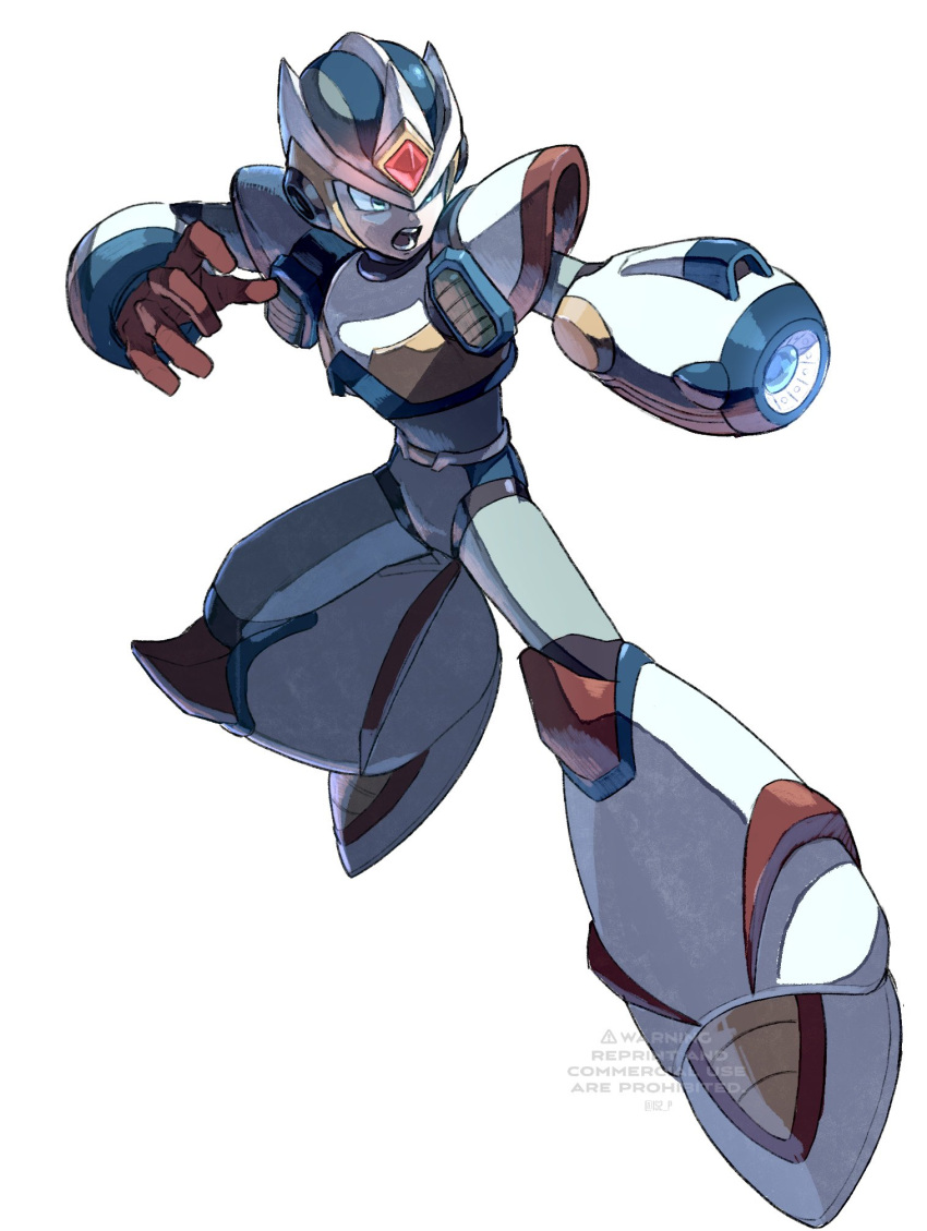 1boy android arm_cannon commentary english_text glowing green_eyes helmet highres legs_apart lower_teeth male_focus mega_man_(series) mega_man_x2 mega_man_x_(character) mega_man_x_(series) open_mouth robot shadow simple_background solo tanaka_(is2_p) teeth upper_teeth weapon white_background