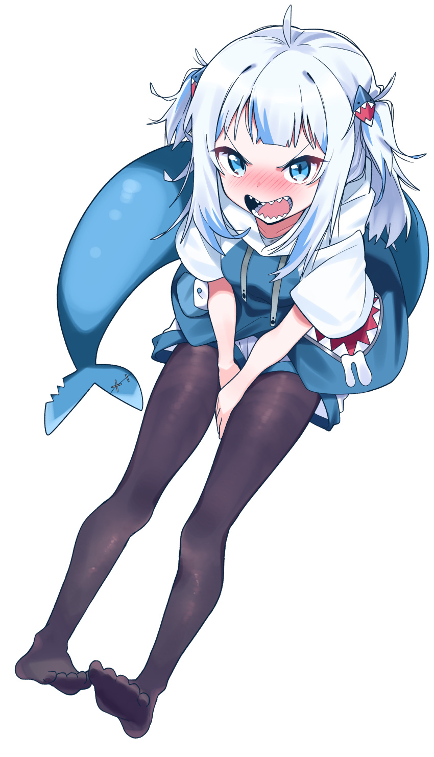 1girl absurdres ahoge bangs blue_eyes blue_hair blunt_bangs blush fish_tail gawr_gura hair_ornament hairclip highres hololive hololive_english holomyth hood hoodie looking_at_viewer medium_hair multicolored_hair open_mouth pantyhose shark_girl shark_hair_ornament shark_tail sharp_teeth short_sleeves shorts silver_hair solo streaked_hair tail teeth thigh-highs tosyeo twintails two-tone_hair two_side_up virtual_youtuber white_hair