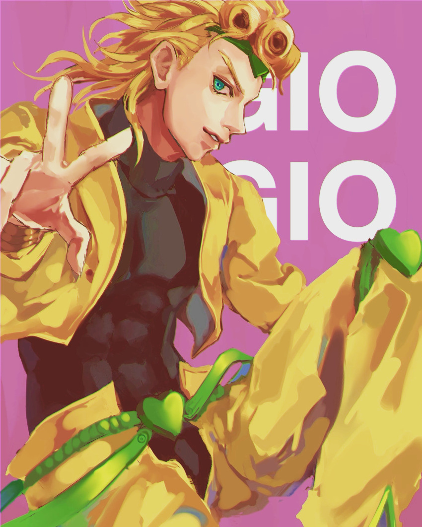 1boy blonde_hair blue_eyes cosplay crotchless crotchless_pants dio_brando dio_brando_(cosplay) earrings green_eyes headband highres jacket jewelry jojo_no_kimyou_na_bouken leotard male_focus natapy1 open_fly outstretched_hand pants solo stardust_crusaders turtleneck vento_aureo yellow_jacket yellow_pants