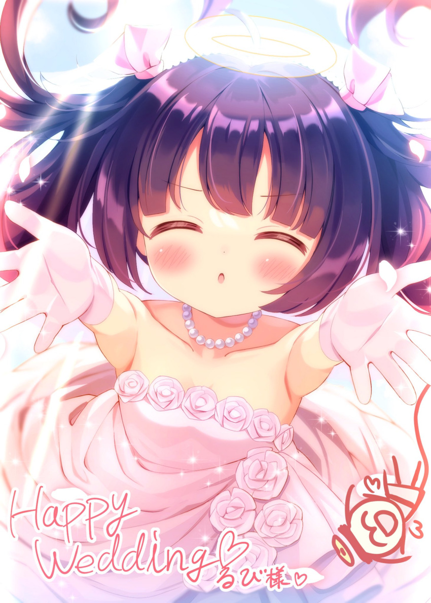 1girl ^_^ ahoge arms_up bare_shoulders black_hair blush bow closed_eyes collarbone dress facing_viewer flower foreshortening gloves hair_bow halo highres long_hair original outstretched_arms parted_lips pink_bow rose solo strapless strapless_dress white_dress white_flower white_gloves white_rose yata_(yatao_zzz)