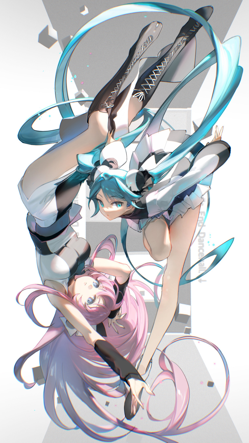 2girls absurdres arm_warmers bare_legs black_footwear black_shirt blue_eyes blue_hair boots breasts chromatic_aberration closed_mouth commentary_request eyebrows_visible_through_hair full_body grey_background hatsune_miku highres knee_boots long_hair long_sleeves looking_at_viewer medium_breasts megurine_luka multiple_girls pink_hair rumoon shirt side_slit skirt sleeveless sleeveless_shirt twintails two-tone_shirt very_long_hair vocaloid white_background white_shirt white_skirt