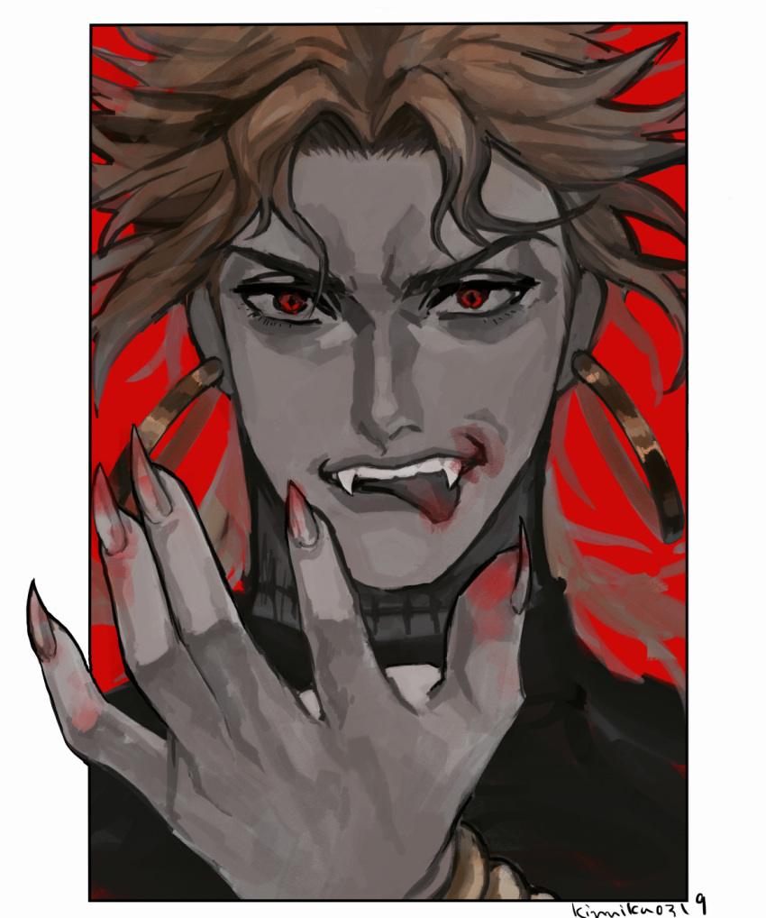 1boy blonde_hair blood blood_on_hands claws dio_brando earrings fangs fingernails highres hoop_earrings jewelry jojo_no_kimyou_na_bouken long_fingernails male_focus red_eyes solo stardust_crusaders supocon tongue tongue_out vampire