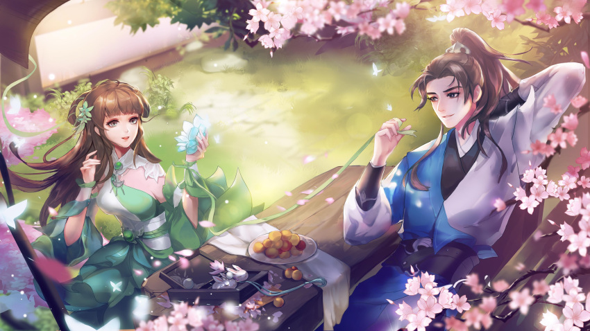 1boy 1girl absurdres baiguio_(zhu_xian) bench bi_yao_zhuye brown_hair dress flower green_dress hair_ornament highres long_hair ribbon smile table weibo_id zhu_xian