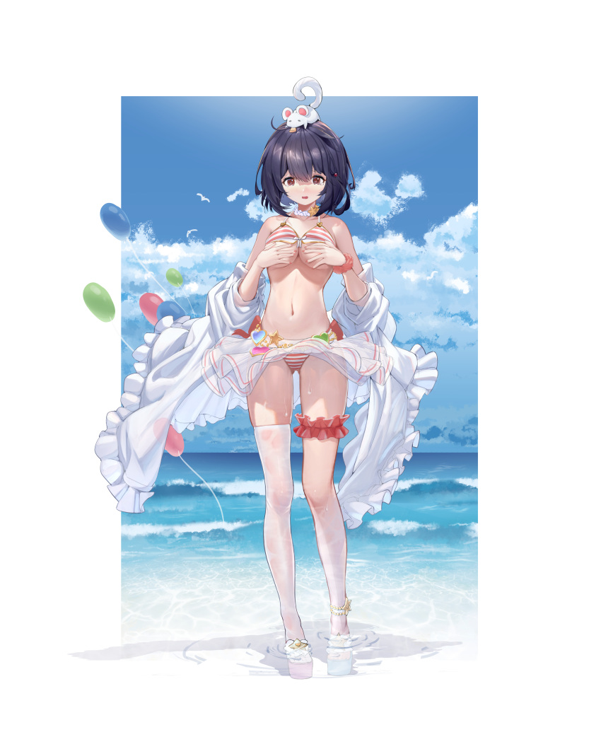 1girl @_@ absurdres animal_on_head ass_visible_through_thighs balloon bangs bare_shoulders bikini black_hair blush breasts caustics chinese_commentary choker clouds commentary_request covering covering_breasts full_body granblue_fantasy highres horizon jacket leg_garter looking_down medium_breasts miniskirt mouse navel nose_blush on_head open_mouth outdoors platform_footwear red_eyes sandals scrunchie see-through_legwear short_hair single_thighhigh skirt soaking_feet solo standing striped striped_bikini swimsuit tearing_up thigh-highs vikala_(granblue_fantasy) water wet wet_legwear white_jacket white_skirt wrist_scrunchie xintianou