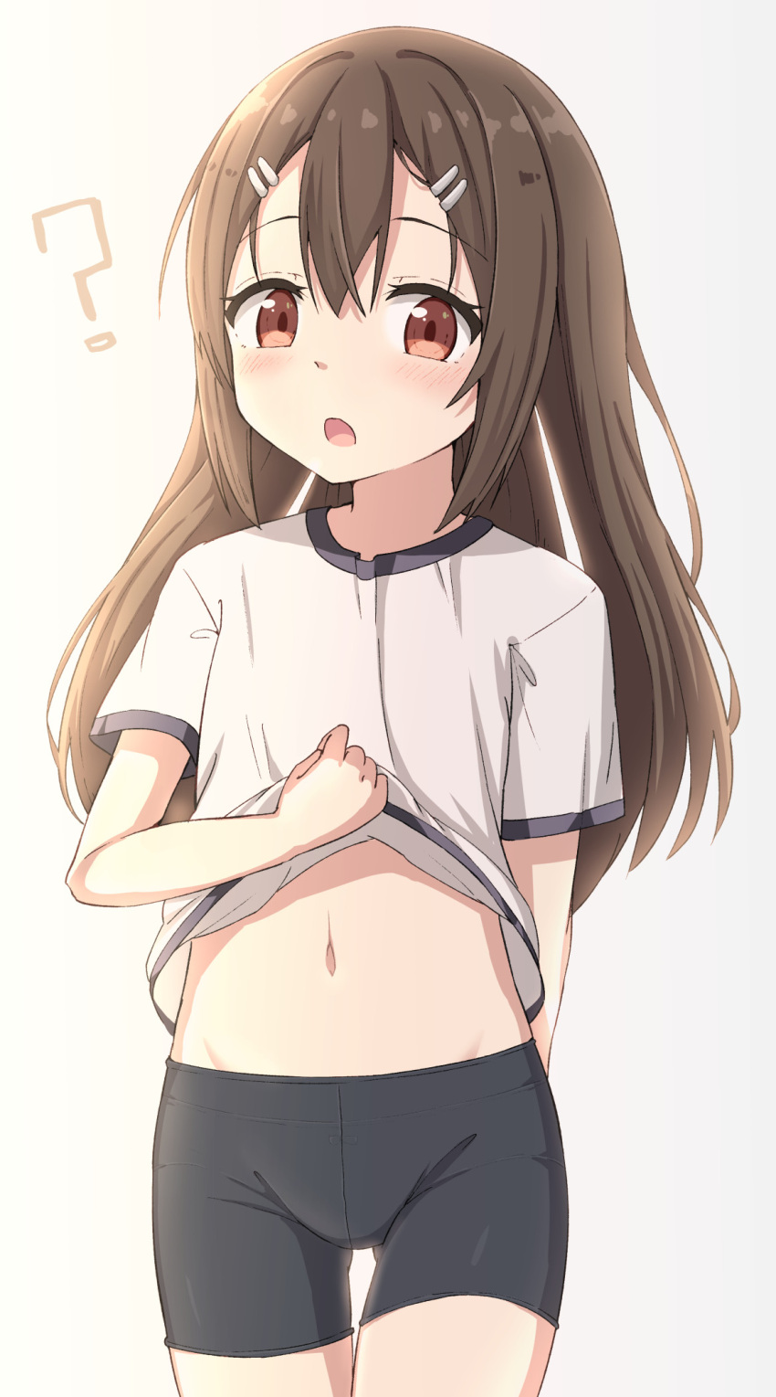 1girl :o ? ass_visible_through_thighs bangs bike_shorts black_shorts blush brown_eyes brown_hair check_commentary clothes_lift commentary_request eyebrows_visible_through_hair grey_background groin gym_uniform hair_between_eyes hair_ornament hairclip highres lifted_by_self long_hair looking_at_viewer navel open_mouth original pantylines revision shirt shirt_lift short_shorts short_sleeves shorts solo takasuma_hiro thigh_gap very_long_hair white_shirt