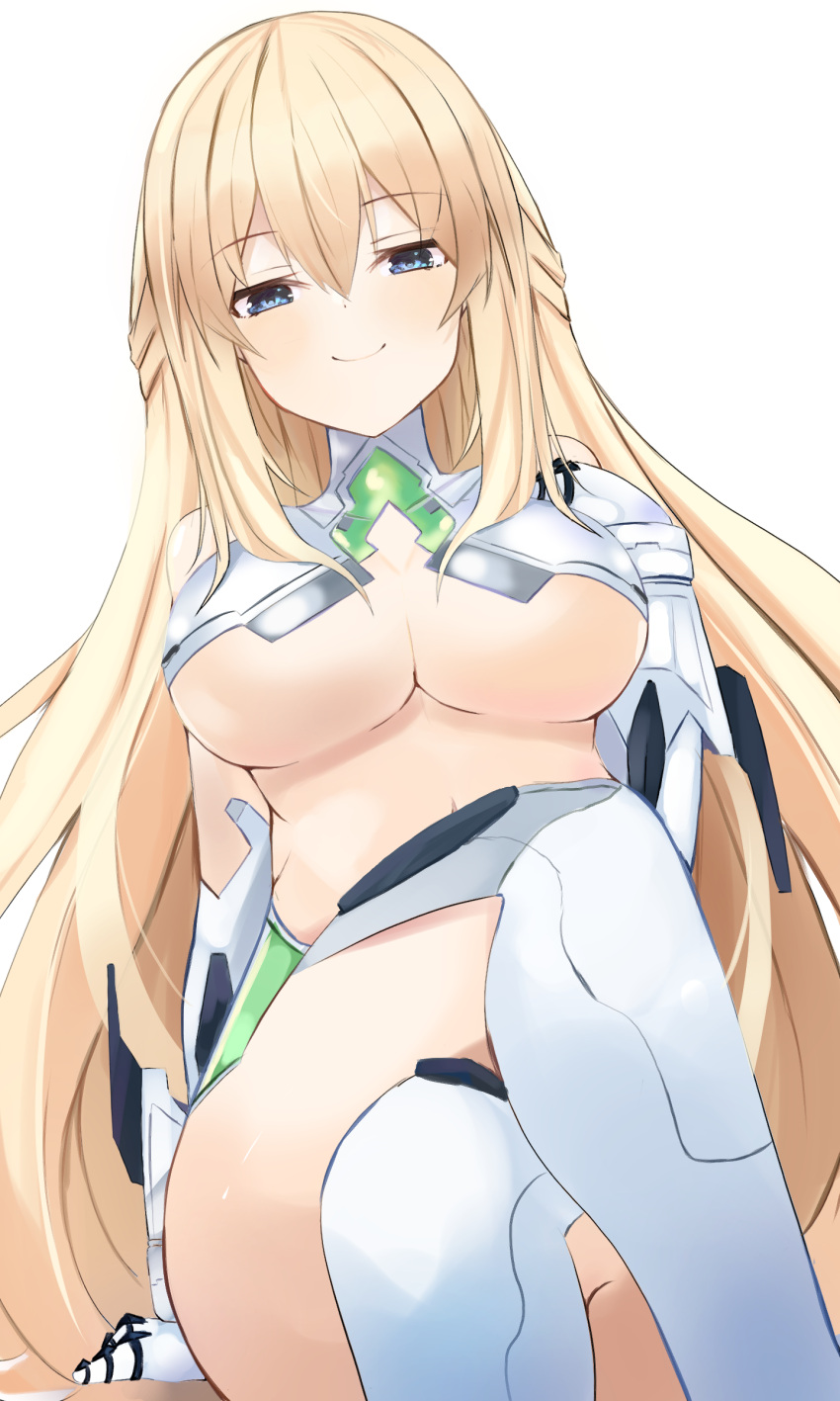 1girl absurdres bangs bimmy blonde_hair blue_eyes breasts eyebrows_visible_through_hair gloves highres large_breasts long_hair looking_at_viewer neptune_(series) revealing_clothes simple_background sitting smile solo under_boob vert_(neptune_series) white_background white_gloves white_legwear