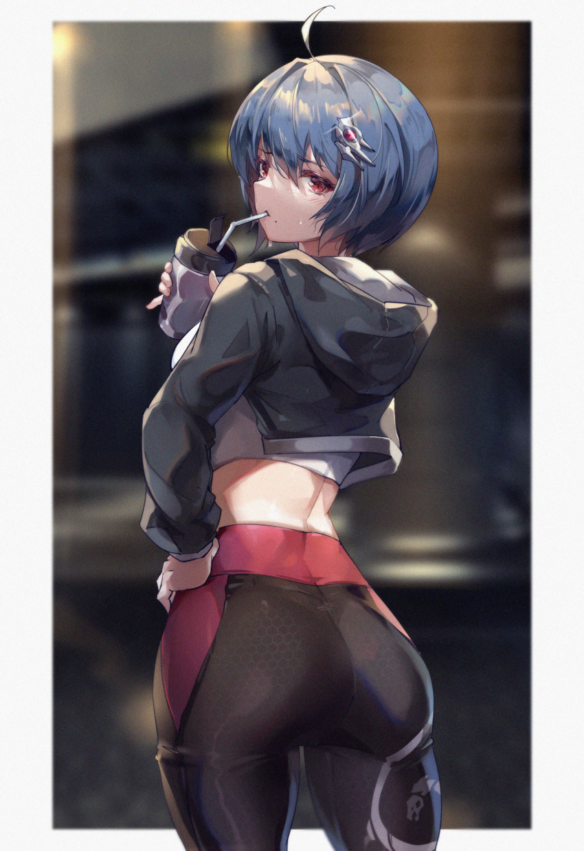 1girl ass bangs black_hair black_jacket border bottle closed_mouth drinking hair_ornament hand_on_hip highres holding holding_bottle honkai_(series) honkai_impact_3rd jacket long_sleeves looking_at_viewer looking_back mole mole_under_mouth pants raven_(honkai_impact_3rd) short_hair solo sweatpants violet_eyes white_border zombie-andy