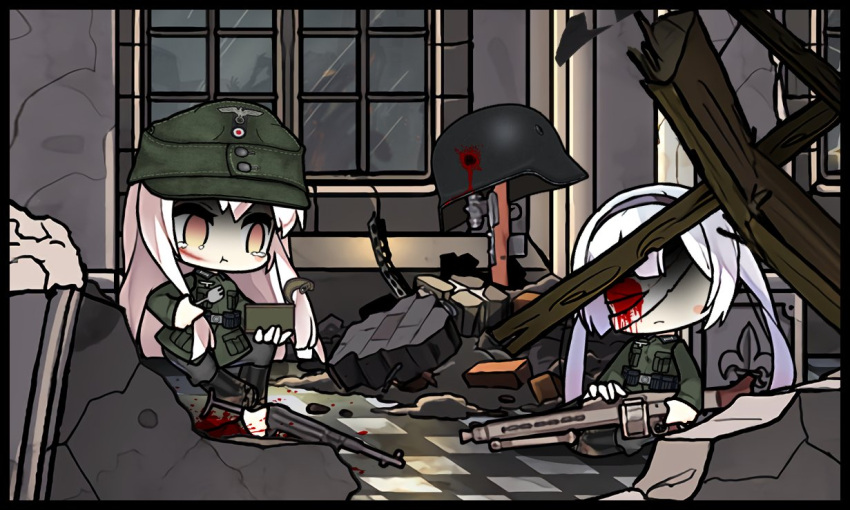 2girls bandage_over_one_eye bandaged_head bandages blood blood_on_face blood_splatter building bullet_hole can canned_food commentary corpse death dismemberment dresden eating empty_eyes english_commentary fork gewehr_43 girls_frontline grave gun hat headband kar98k_(girls'_frontline) long_hair machine_gun mg42 mg42_(girls'_frontline) military military_hat military_uniform mp40 multiple_girls rifle rubble ruins shaded_face silver_hair sprite_art submachine_gun tearing_up the_mad_mimic twintails uniform weapon wehrmacht window world_war_ii