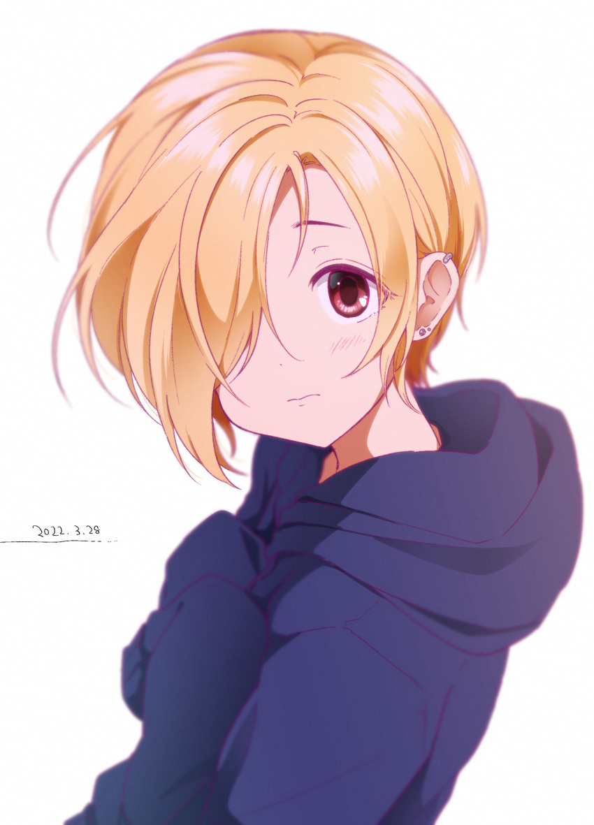 1girl 2022 ayame_iro_(toumei_dolce) blonde_hair blush closed_mouth dated earrings from_side hair_over_one_eye highres hood hood_down hooded_sweater idolmaster idolmaster_cinderella_girls jewelry looking_at_viewer red_eyes shirasaka_koume short_hair simple_background sleeves_past_fingers sleeves_past_wrists solo sweater upper_body white_background
