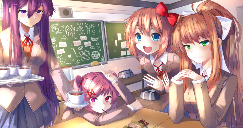 4girls :d bag bangs blue_eyes blue_skirt bow brown_hair chalkboard classroom commentary cup day doki_doki_literature_club english_commentary food green_eyes grey_jacket hair_between_eyes hair_bow hair_ornament hair_ribbon hairclip highres indoors jacket long_hair long_sleeves looking_at_viewer making-of_available monika_(doki_doki_literature_club) mouth_hold multiple_girls natsuki_(doki_doki_literature_club) open_mouth pink_eyes pink_hair pleated_skirt pocky ponytail purple_hair red_bow ribbon sayori_(doki_doki_literature_club) school_uniform short_hair sidelocks skirt smile steam steepled_fingers swept_bangs takuyarawr teacup tic-tac-toe tray two_side_up v violet_eyes white_ribbon yuri_(doki_doki_literature_club)