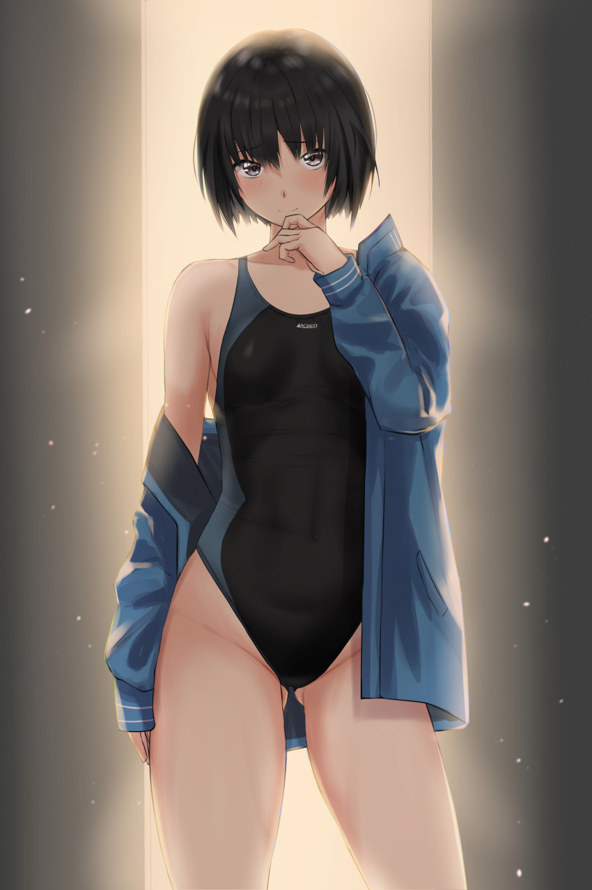 1girl absurdres amagami ass_visible_through_thighs black_eyes black_hair black_swimsuit blue_jacket bob_cut breasts contrapposto cowboy_shot highres jacket nanasaki_ai open_clothes open_jacket short_hair small_breasts solo standing swimsuit ykh1028