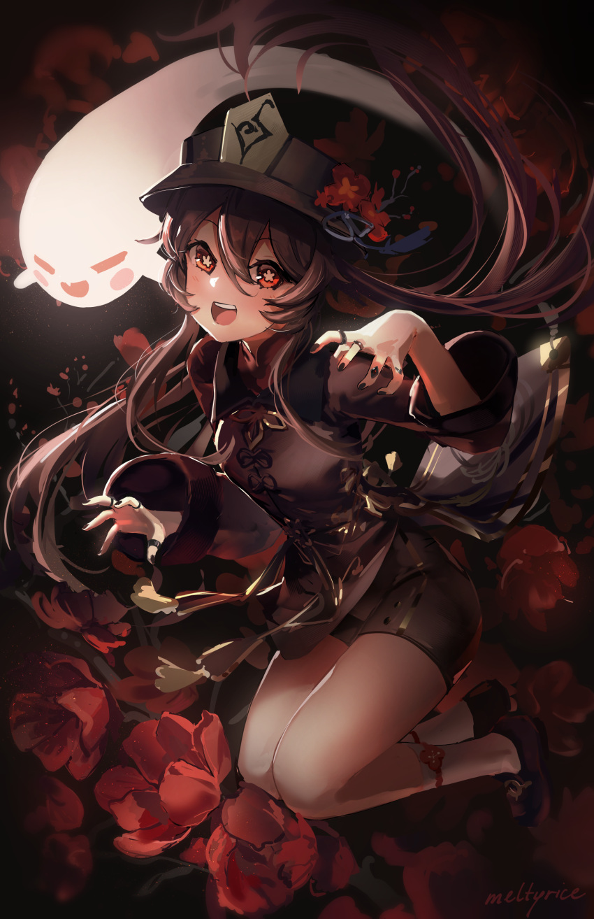 1girl :d absurdres artist_name black_nails black_shorts brown_hair chinese_clothes collared_shirt flower flower-shaped_pupils genshin_impact ghost ghost_pose hat hat_flower highres hu_tao_(genshin_impact) jewelry legs_up looking_at_viewer meltyrice nail_polish open_mouth porkpie_hat red_eyes ring shirt shoes shorts smile socks solo symbol-shaped_pupils twintails white_legwear