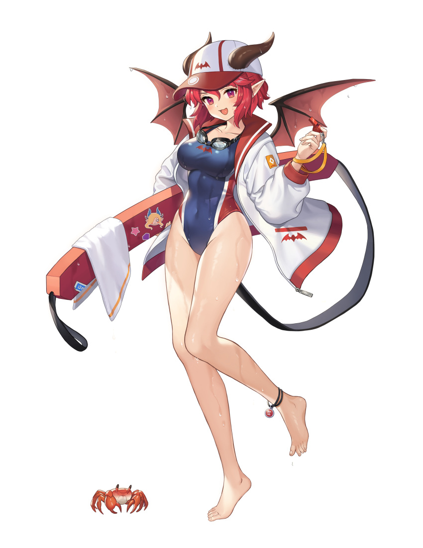 1girl absurdres artist_request baseball_cap bat_wings collarbone crab goggles goggles_around_neck guardian_tales hair_between_eyes hand_up hat highres holding holding_whistle horns jacket lifeguard_yuze official_art one-piece_swimsuit open_clothes open_jacket open_mouth pointy_ears red_eyes redhead short_hair simple_background smile solo standing standing_on_one_leg swimsuit towel transparent_background wet whistle wings